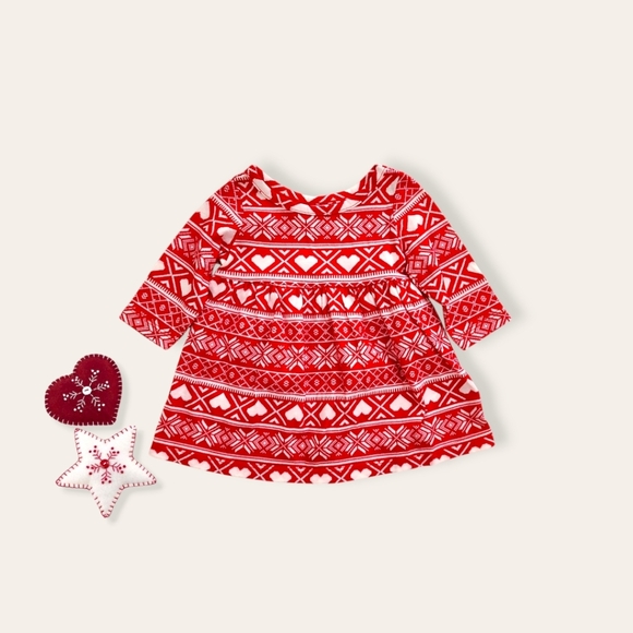 Old Navy Baby Girl Size Red White Heart Snowflake Fair Isle Print Dress - Picture 1 of 2